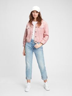 Denim Jean Jacket Outfits, Pink Denim Jacket, Mix Match Outfits, Blue Jean Outfits, Jean Jacket Outfits, Denim Jacket Outfit, Pink Denim, Water Saving, Gap Women