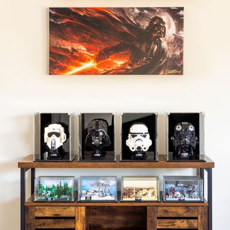 Lego Display Ideas Adult, Lego Star Wars Display, Lego Collection Display, Star Wars Collection Display, Lego Display Shelves, Lego Helmet, Star Wars Display, Star Wars Boys Room, Teen Room Art