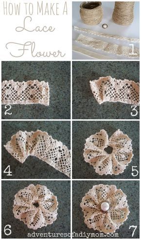 How to Make a Lace Flower... totes adorbs Hessian Crafts, Simpul Pita, Buat Pita, Lace Crafts, Burlap Crafts, Pola Sulam, Burlap Flowers, Mom Diy, Cloth Flowers