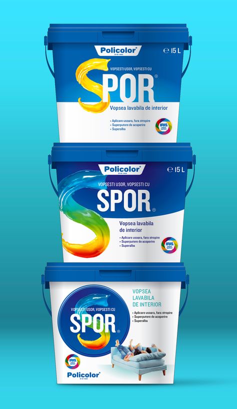 Spor is the main paint brand of Policolor. They asked for a unitary redesign of their packaging. Not implemented. Paint Containers, Paint Branding Design, Paint Packaging Design, Paint Packaging, Tub Packaging Design, Sticker Container, Paint Bucket Design, Paint Bucket Packaging Design, Best Paint Brand