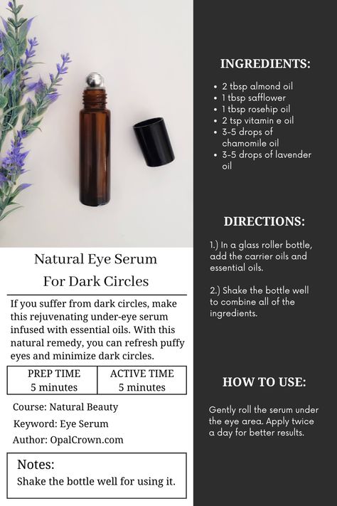 DIY Natural Eye Serum For Dark Circles, Under Eye Bags, And Wrinkles - Opal Crown Eye Serum Essential Oils, Eye Serum Recipe, Eye Serum For Dark Circles, Serum For Dark Circles, Opal Crown, Natural Eye Cream, Diy Eye Cream, Crown Diy, Diy Serum