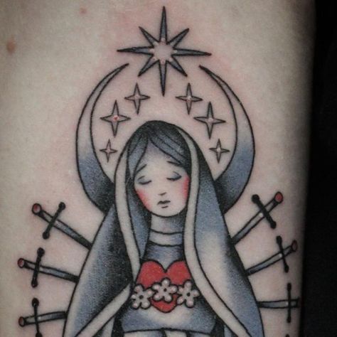 claire hecko on Instagram: "Our Lady of Sorrows for sweet Karley, made @panthercitytattoos  🩸 #fortworth #fortworthtattoos #fortworthtattooartist #dfwtattoos #dfwtattooartist #traditionaltattoo #materdolorosa #virginmarytattoo #ourladyofsorrows #panthercitytattoo #thisispanthercity" Mother Of Sorrows Tattoo, Our Lady Tattoo, Our Lady Of Sorrows Tattoo, Lady Of Sorrows Tattoo, Virgin Mary Tattoo, Lady Of Sorrows, City Tattoo, Our Lady Of Sorrows, December 23