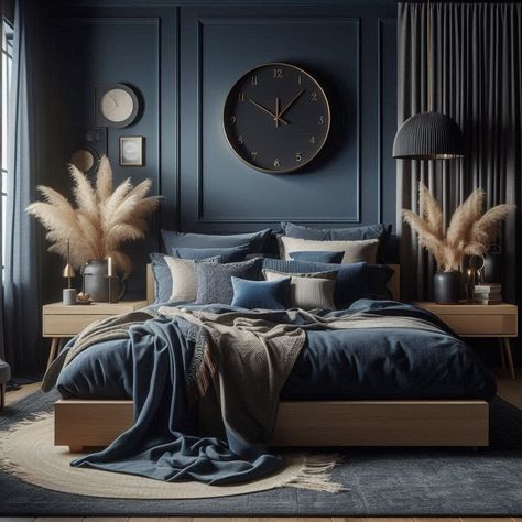 Dark Blue Bedroom Charcoal Grey Bedroom Ideas Room Colors, Dark Navy Master Bedrooms Decor, Navy Blue And Copper Bedroom, Grey Blue Accent Wall Bedroom, Dark Blue Home Aesthetic, Blue Aesthetic Bedroom Decor, Blue Monochromatic Bedroom, Dark Teal Walls Bedroom, Blue Bronze Aesthetic