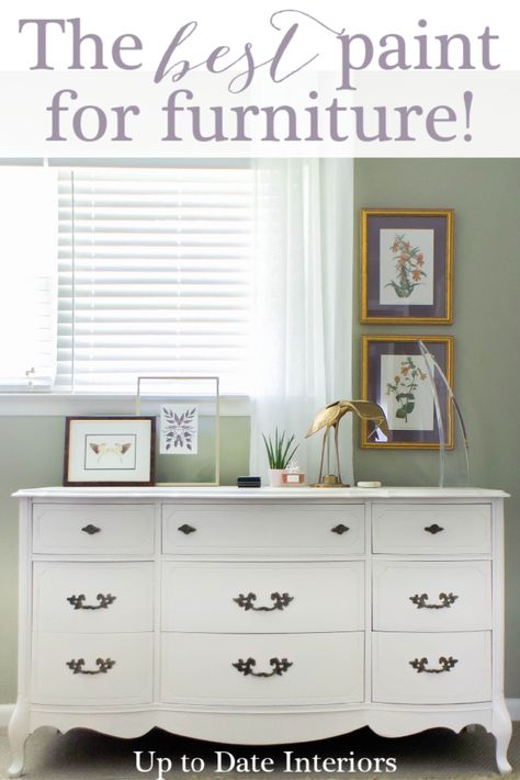 The Best Furniture Paint for a Dresser Makeover | Up to Date Interiors #furnituremakeover #paintedfurniture #dressermakeover Best Furniture Paint, White Painted Dressers, Sanding Furniture, Furniture Build, Painting Laminate Furniture, Provincial Dresser, Furniture Dresser, Laminate Furniture, Diy Dresser Makeover