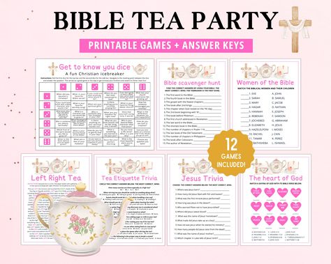 Christian/Bible Tea Party Games 12 games with answer keys included Make the most of your tea party, women's ministry event, ladies tea, church banquet, Bible study, or anything in between with these tea party games. All of these games are super fun and engaging making them a great activity to add onto your tea party or event. Not only will you have a great time playing these Christian tea party games, but you'll be reminded of God's word at the same time. Works great at church, home, events, and Church Tea Party Ideas Women's Ministry, Christian Crafts Women's Ministry, Tea Party Games For Women, Fun Tea Party Games, Church Ladies Tea Party, Bible Games For Youth, Church Tea Party, Winter Tea Party, Tea Party Activities