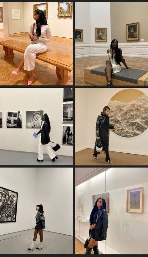 Collage of Black Women dressed up in museums Baddie Museum Outfit, The Getty Museum Outfit, Museum Birthday Photoshoot, Museum Night Outfit, Posing In Museum, The Met Museum Picture Ideas, Museum Aesthetic Black Women, Art Gallery Inspo Pics, Museum Post Ideas