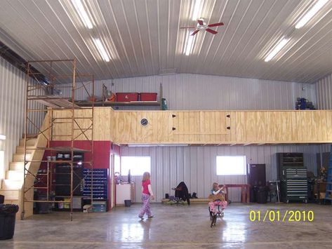 Viewing a thread - Loft above shop bench Shop Space Design, Shop Loft Ideas, Mezzanine Garage, Pole Barn Loft, Mezzanine Ideas, Pole Barn Loft Ideas, Loft Railing, Pole Barn Garage, Loft Wall