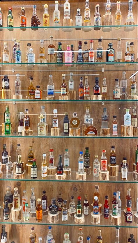 Mini Liquor Bottles Display, Bottle Collection Display Ideas, Alcohol Display Home, Small Alcohol Bottles, Miniature Alcohol Bottles, Alcohol Cabinet, Expensive Champagne, Drink Shelf, Building A Home Bar