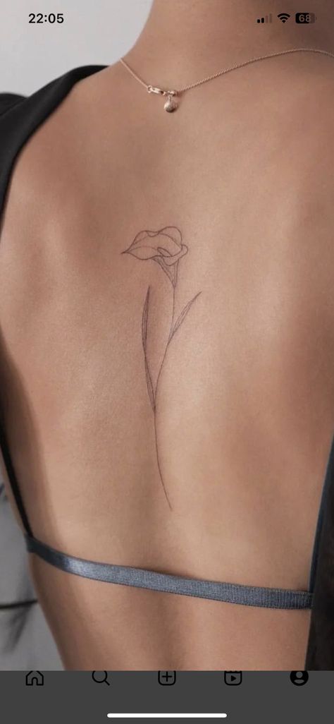 Classy Art Aesthetic, Dainty Tattoo Back Of Arm, Tattoos For Courage, Moving Mountains Tattoo, Small Simple Back Tattoos, Single Line Calla Lily Tattoo, Single Flower Spine Tattoo, Meaningful Fine Line Tattoos For Women, Minimalistic Back Tattoo Women