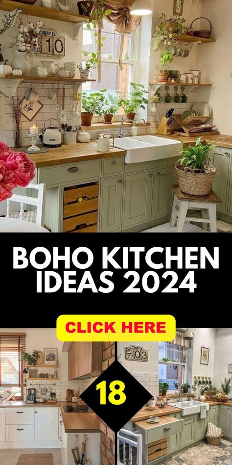 Embracing the Bohemian Vibe: Boho Kitchen 18 Ideas for 2024 Boho Kitchen Furniture, Boho Kitchen Remodel Ideas, Modern Boho Kitchen Cabinets, Boho Kitchen Wall Art, Boho Shelving Ideas, Boho Style Kitchen Ideas, Botanical Maximalism, Boho Kitchen Cabinet, Boho Kitchen Cabinets