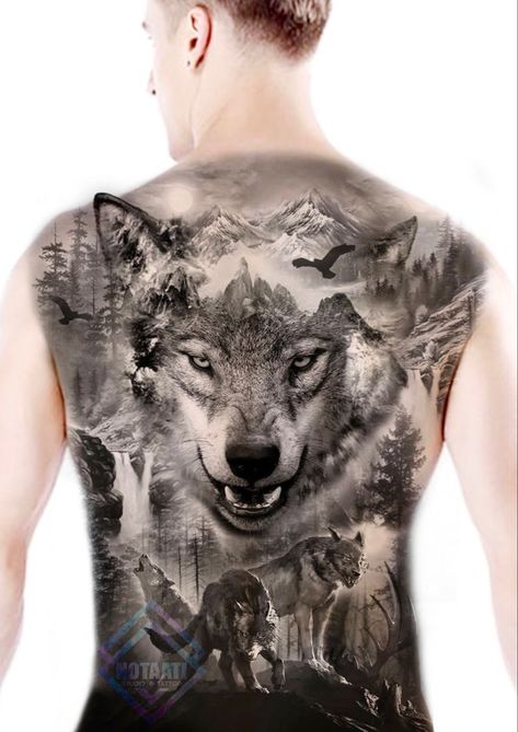 Back Wolf Tattoo, Wolf Tattoo On Back, Realistic Back Tattoo, Wolf Back Tattoo, Husband Wife Tattoos, Bali Ideas, Wolf Pack Tattoo, Wolf Tattoo Back, Tattoo Espalda