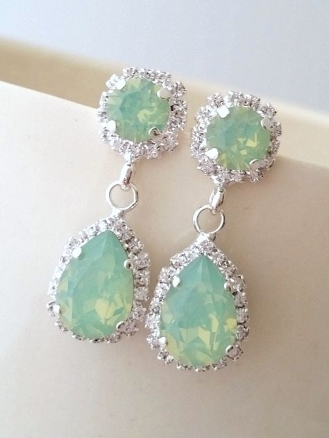 "Mint opal green seafoam Chandelier earrings, Drop earrings Bridal earrings, Silver earrings Estate style European earrings Bridesmaids gift Lovely and chic. These earrings are so sweet and romantic. They have great statement look and can't be missed yet they are not \"too much\". They would be great for bridal wedding or with evening dress but also just with casual outfit. Perfect gift for bridesmaids or any available other occasion. They are made of silver plate over brass posts and Swarovski Mint Green Bracelet, Bridal Earrings Silver, Green Chandelier Earrings, Mint Earrings, Bridal Earrings Chandelier, Earrings Opal, Bridal Earrings Drop, Swarovski Crystal Necklace, Bridal Bracelet