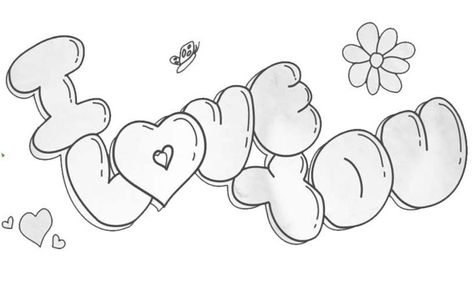 Love In Bubble Letters, Cute Drawings For Him, Letters Coloring Pages, Drawings For Him, Drawings For Boyfriend, Drawing Love, I Love You Drawings, Trippy Drawings, Cute Easy Doodles