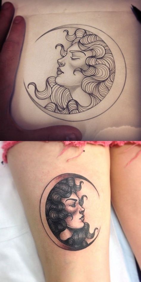 Moon Women Tattoo, Woman Moon Art, Curly Tattoo, Tattoos Infinity, Inspiration Tattoos, Disney Tattoo, E Tattoo, Nature Tattoos, Mandala Tattoo