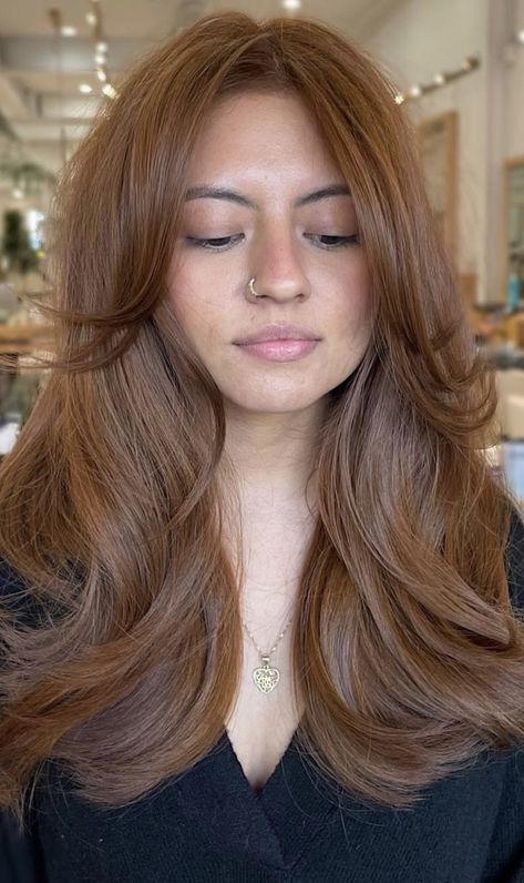 Darker Cowboy Copper Hair, Light Auburn Brown Hair Color, Brunette Turned Redhead, Copper Hair Without Bleach, Old Money Auburn Hair, Brown Copper Formulas, Brown Hair Shag Haircut, Brown Copper Balayage Caramel, Honey Brown Red Hair