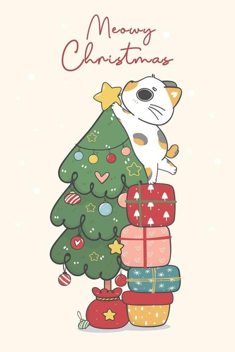 cute naughty calico kitten cat decorating a Christmas pine tree, merry catmas, cartoon animal character hand drawing doodle vector idea for greeting card Merry Christmas Cute Drawing, Christmas Kitten Drawing, Cat Christmas Card Ideas, Christmas Cartoon Drawings, Merry Christmas Painting, Christmas Cards Cat, Merry Christmas Drawing, Winter Character, Cat Christmas Cards