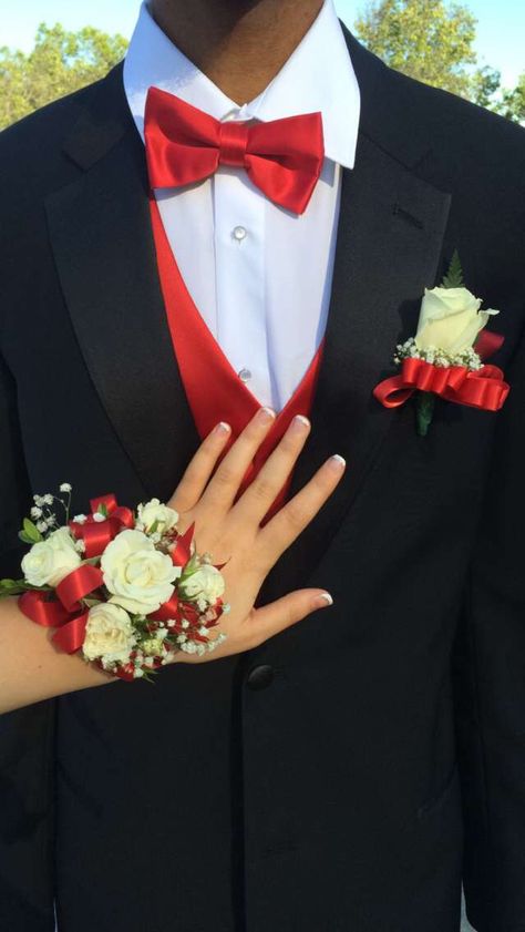 French nails/ black tux/ red vest 15 Chambelanes Suits Red, Red Prom Dress Couple Outfit, Black And Red Hoco Couple Outfits, Red Hoco Ideas, Matching Prom Couples Red, Red And Black Couple Outfits Formal, Corsages For Red Dress, Red Prom Couple Outfit Black, Red Prom Date Outfit