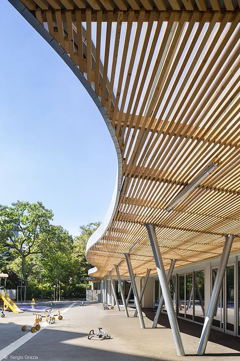 Sonia Delaunay School,© Sergio Grazia Pergola Roof, Terminal Bus, Deck Canopy, Canvas Canopy, Canopy Architecture, Covered Walkway, Sonia Delaunay, Canopy Tent Outdoor, Backyard Canopy