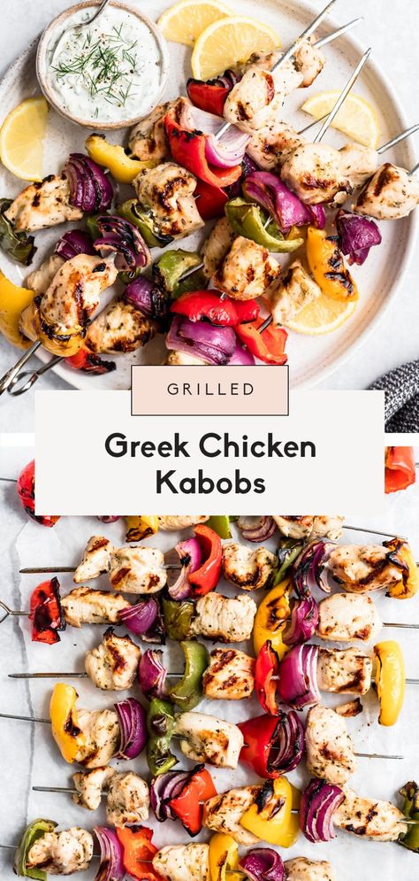 Easy & delicious greek chicken kabobs made with a yummy, zesty greek marinade, red onion and three different types of bell peppers. Make these greek chicken kabobs on the grill or in the oven and serve them with a homemade greek yogurt tzatziki sauce! The perfect summer meal. #chicken #chickenrecipe #kabobs #grilling #glutenfree #grainfree #paleorecipe #paleo #healthydinner Chicken Kabobs On The Grill, Yogurt Tzatziki Sauce, Greek Yogurt Tzatziki, Kabobs On The Grill, Greek Marinade, Chicken Kabob Marinade, Greek Chicken Kabobs, Staple Recipes, Homemade Greek Yogurt