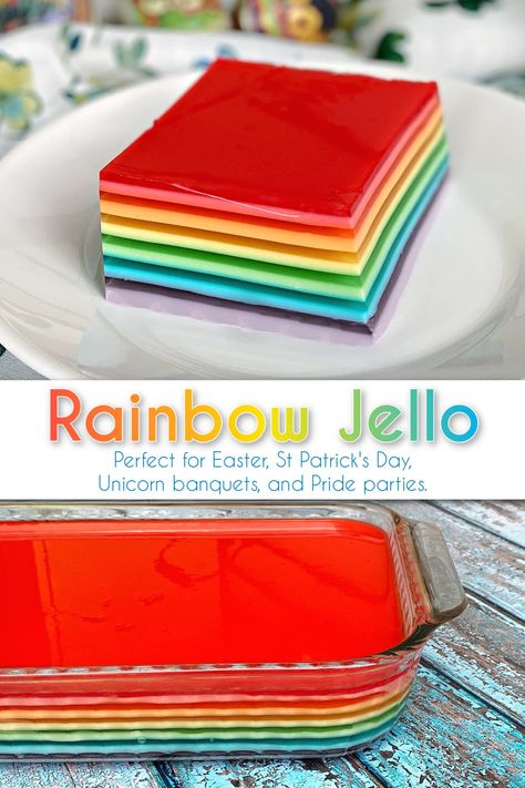 21 Layer Jello, Rainbow Layered Jello, Rainbow Jello Cake, Jello Rainbow Layers, Jello Layer Cake, Whipped Cream Jello Dessert, Tie Dye Desserts, Jello Recipes For Kids, Layer Jello Recipe