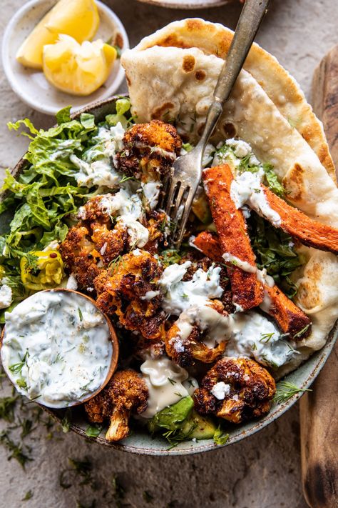 Sweet Potato Tzatziki, Mediterranean Potato Tzatziki Bowl, Fried Feta Nourish Bowl, Chicken Sweet Potato Cauliflower Recipes, Tzatziki Bowl Vegetarian, Sweet Potato Summer Recipes, Healthy Weeknight Recipes, Cauliflower Tzatziki Bowls, Cauliflower And Sweet Potato Recipes