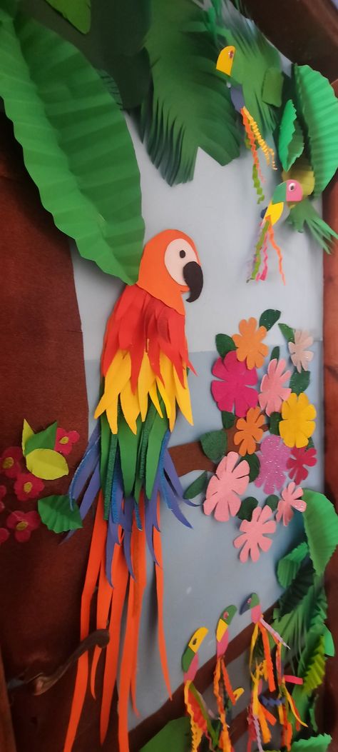 Jungle Theme Birthday Bulletin Board, Safari Animal Decorations, African Safari Bulletin Board Ideas, Paradise Bulletin Board Ideas, The Jungle Book Classroom Theme, Costa Rica Bulletin Board, Jungle Display Classroom, Zoo Theme Decorations Classroom Ideas, Birds Classroom Decoration