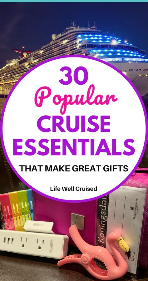 30 awesome cruise items that are useful travel items cruisers love! Whether you're looking for a gift for a cruise traveler, or need a few cruise essentials for your own cruise vacation, this list has the most recommended items for going on a cruise! #cruiseessentials #cruiseitems #cruisetravel #travelgadgets #cruiseaccesories #cruisenecessities Cruise Diy Ideas, Cruise Care Package Gift, Cruise Gift Basket Ideas, Cruise Favors Gift Ideas, Cruise Gift Ideas Surprise, Carnival Cruise Gift Exchange Ideas, Cruise Survival Kit Gift Ideas, Cruise Goodie Bags Gift Ideas, Cruise Gift Basket