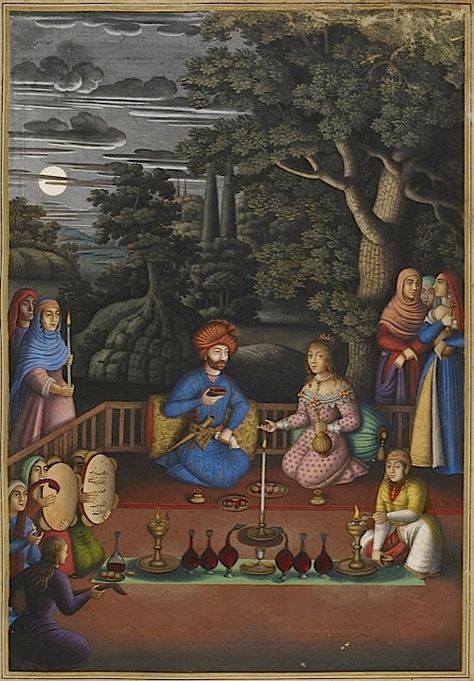 Episode from the Indian Princess’s story: King Turktazi’s visit to the magical garden of Turktaz, Queen of the Faeries. Signed by Muhammad Zaman at Ashraf (Mazandaran) and dated 1086 Or_2265_f221v_720 Safavid Art, Iranian Miniature, Safavid Empire, St Jerome, Indian Princess, Persian Miniature, Francisco Goya, The British Library, Fairy Queen