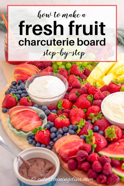 Here’s a step-by-steo guide showing you how to make a fresh fruit charcuterie board. It makes the most delicious and colorful appetizer idea for any special occasion. How To Make A Fruit Charcuterie Board, Breakfast Fruit Board, Fruit Dip Charcuterie Board, Fruit Board Ideas For Party, Charcuterie Board Wedding Shower Ideas, Fruit And Sweets Charcuterie Board, Fruit Boards Ideas, How To Style A Charcuterie Board, Fresh Fruit Charcuterie Board