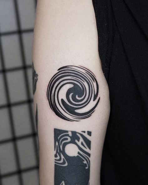 Spiral Tattoo On Elbow, Ripple Effect Tattoo, Inverse Tattoo, Abstract Shape Tattoo, Cyclone Tattoo, Spiral Arm Tattoo, Spirals Tattoo, Spiral Hand Tattoo, Spiral Elbow Tattoo