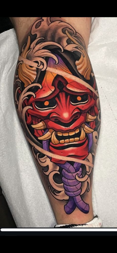 Oni Mask Tattoo Back, Japan Leg Tattoo, Oni Mask Tattoo Color, Japanese Hannya Mask Tattoo Design, Traditional Samurai Tattoo, Japanese Samurai Tattoo Design, Oni Tattoo Design, Japanese Oni Tattoo, Neo Japanese Tattoo