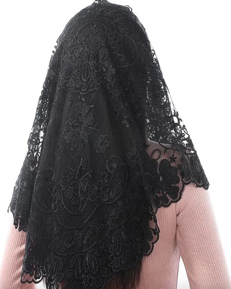 Black Catholic Church Mantilla Veil Black Mantilla Veil, Fontaine Oc, Modest Goth, Black Lace Veil, Christian Veils, Trad Wife, Halloween Scenes, Dnd Oc, Catholic Veil