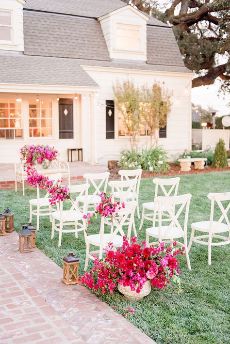 wedding seating - photo by 1985Luke Photography http://ruffledblog.com/lush-wedding-inspiration-with-a-bougainvillea-backdrop Bougainvillea Backdrop, Bougainvillea Wedding, Hanging Centerpiece, White Wedding Ceremony, Magenta Wedding, Lush Wedding, Wedding Ceremony Ideas, Ceremony Chairs, Fiesta Wedding