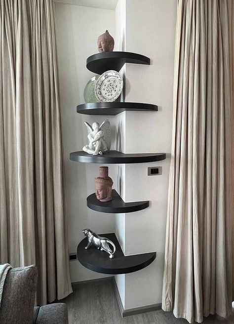 An amazing way to create corner shelve unit in my recent interior design works Sturdy Corner Shelf, Wrap Around Corner Shelves, Cool Corner Shelves, Corner Wall Decorating Ideas, Wall Shelves Corner, Wall Shelf Ideas, Recessed Shelf, Cnc Products, Rustic Corner Shelf