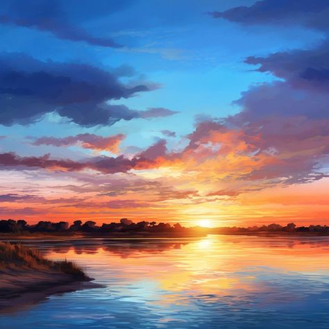 River sunset landscape outdoors. AI generated Image by rawpixel. | premium image by rawpixel.com / chu_chutima River Sunset, Art Bar, Acrylic Painting Tutorials, Sunset Landscape, Sunset Painting, Backdrops Backgrounds, Diy Canvas Art Painting, Sunset Beach, Anatomy Art