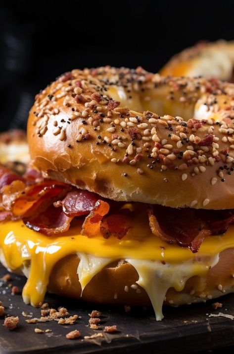 A delicious recipe for bagels with bacon and cheese Bacon Bagel Sandwich, Unique Bagel Ideas, Everything Bagel Sandwich, Bacon And Egg Bagel, Sophisticated Gourmet Bagels, Bacon Bagel, Cola Chicken, Glazed Ribs, Glazed Chicken