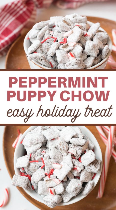 You'll be grabbing handfuls of this Puppy Chow Chocolate Peppermint Recipe! It's the perfect holiday dessert, that leaves everyone wanting more. Peppermint Puppy Chow Recipe, Peppermint Puppy Chow, Best Puppy Chow Recipe, Chex Mix Recipes Sweet, Peppermint Recipes, Easy Holiday Treats, Puppy Chow Recipes, Holiday Desserts Table, Cereal Snacks