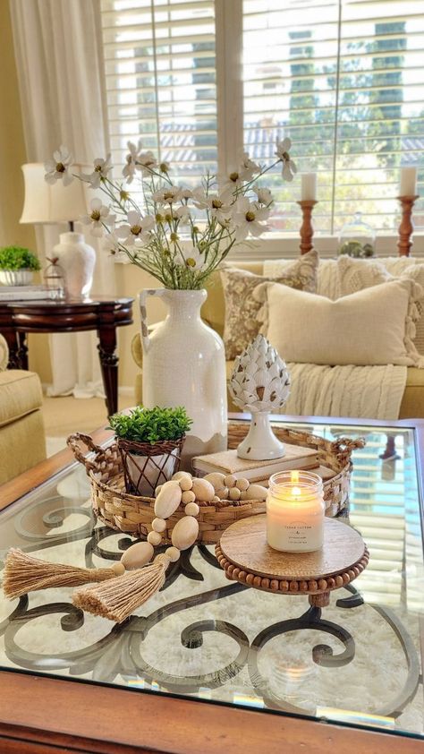 Sunny Room, Many Candles, Coffee Table Decor Living Room, Coffee Table Decor Tray, Center Table Decor, Center Table Living Room, Living Room Center, Flowers And Greenery, Table Decor Living Room