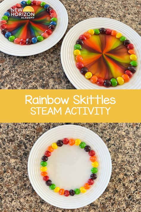 This Rainbow Skittles STEAM Activity is a super easy and exciting science experiment for kids! All you will need to make a Skittles rainbow are Skittles, water, and a plate! Your child will have a blast making fun designs out of different colored candies, all while learning about science. Try this STEAM activity with your child today! Skittles Rainbow Experiment, Rainbow Science Experiment, Rainbow Skittles, Skittles Rainbow, Skittles Experiment, Rainbow Science, Rainbow Experiment, Starburst Candy, 4h Projects