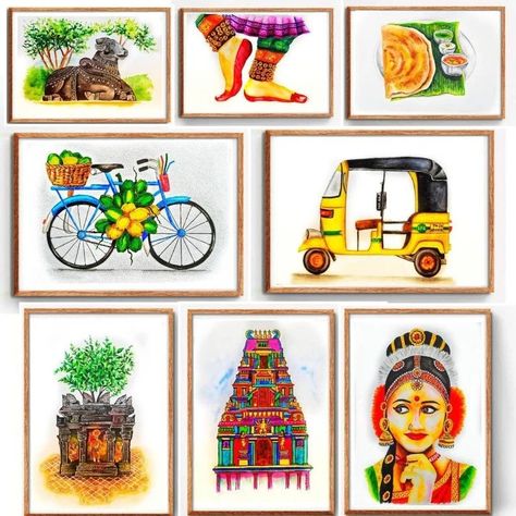 Tamil Culture Illustration, Tamil Art Culture, Chennai Art, Tamil Home, Indian Posters, Namaste Art, Indian Wall Decor, Indian Wall Art, Indian Illustration