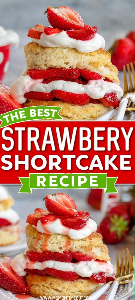 This easy Strawberry Shortcake recipe is everyone's favorite summer dessert! Tender, sweet biscuits topped with macerated strawberries and freshly whipped cream make this the best Strawberry Shortcake EVER! Easy to make and perfect for small or large gatherings.  // Mom On Timeout Pie, Best Shortcake Recipe, Best Strawberry Shortcake Recipe, Shortcake Recipe Easy, The Best Strawberry Shortcake, Best Strawberry Shortcake, Strawberry Shortcake Recipe Easy, Strawberry Recipes Easy, Sweet Biscuits