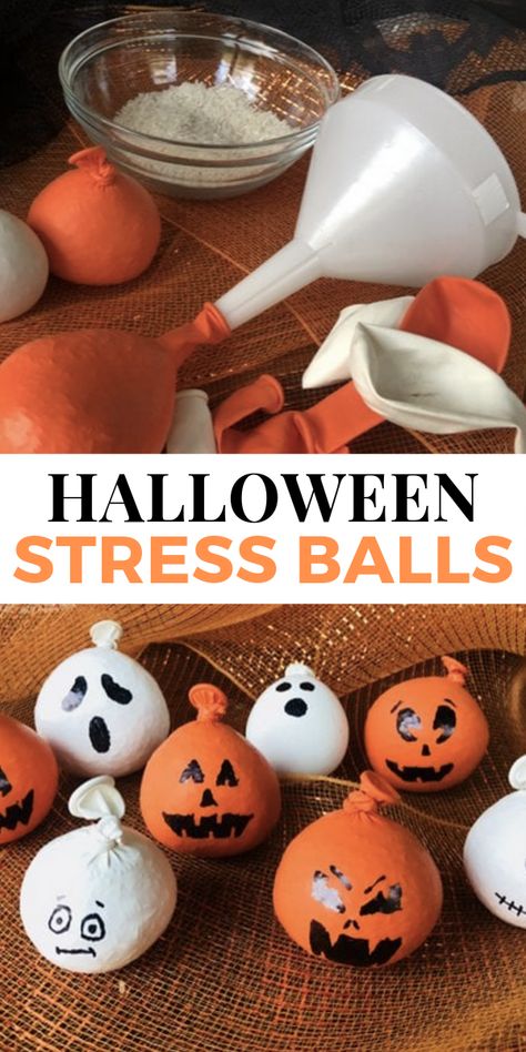 Check out this super easy Halloween craft to make with your kids. These are DIY Halloween Pumpkin Stress Balls. You can make this craft with kids for Halloween. #HalloweenCraft #Halloween #HalloweenCraftTime Halloweenpyssel Barn, Halloween Kita, Halloween Pumpkin Diy, Halloween Class Party, Halloween Crafts Preschool, October Crafts, Halloween Arts And Crafts, Halloween Classroom, Fun Halloween Crafts