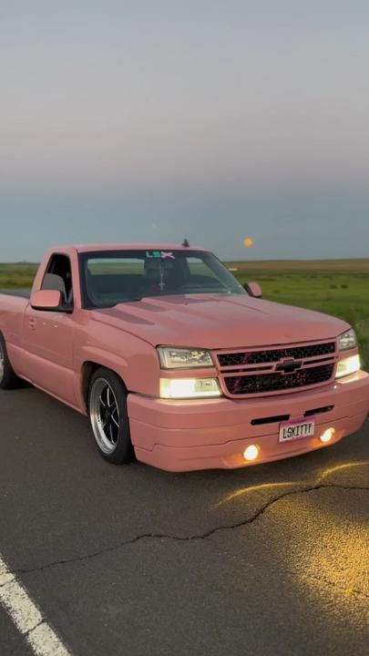 Dropped Trucks Chevy, Pink Chevy Trucks, Pink Chevy, Pink Trucks, Chevy Silverado Single Cab, Silverado Single Cab, Low Trucks, Black Cadillac, 2004 Chevy Silverado