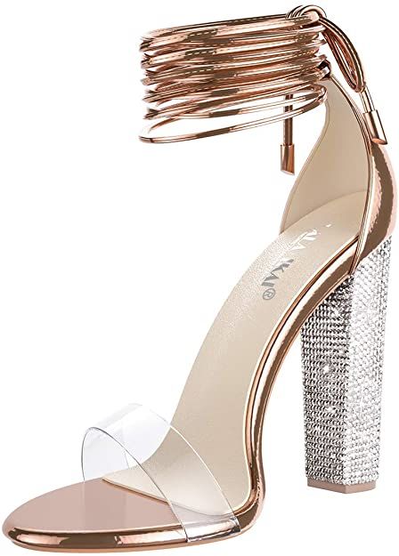 Amazon.com | LALA IKAI Women’s Gold High Heels Sandals with Rhinestone Ankle Strappy Clear Chunky Heels Dress Party Pumps Shoes | Heeled Sandals Silver Rhinestone Heels, Clear Chunky Heels, Gold High Heel Sandals, Gold High Heels, Rhinestone High Heels, Heels Dress, Party Pumps, Lace Up High Heels, White Sandals Heels