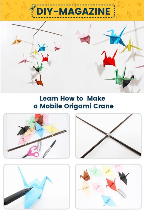 Learn How to Make a Mobile Origami Crane Paper Crane Mobile Diy, Paper Crane Chain, Hanging Cranes Origami Decoration, Origami Crane Mobile Diy, Origami Crane Decoration, Origami Mobile Diy, Hanging Cranes, Insect Art Projects, Paper Crane Mobile