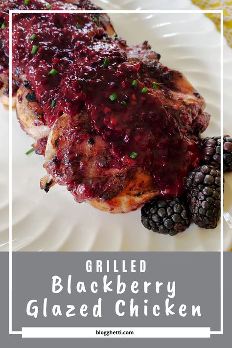 These Glazed Blackberry Chicken breasts are grilled to perfection, basted with an easy homemade blackberry glaze and then top with more of the fruity glaze. Delicious change from your normal BBQ sauce. via @blogghetti Blackberry Glazed Chicken, Blackberry Chicken Recipes, Blackberry Recipes Dinner, Blackberry Glaze Recipe, Blackberry Chicken, Blackberry Glaze, Glazed Chicken Breast, Smoked Burgers, Blackberry Sauce