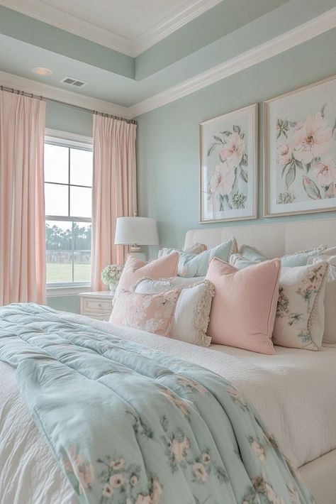 Soft Pastel Haven Soft Color Room Ideas, Master Bedrooms Decor Feminine, Pink And Seafoam Bedroom, Pastel Room Colors Paint, Pastel Victorian Bedroom, Pastel Walls Bedroom Paint Colors, Pastel Colored Bedroom, Pastel Adult Bedroom, Light Teal Paint Colors For Bedroom