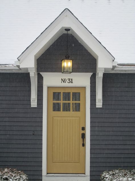 More Cape Cod curb appeal Room Rx Portico Cape Cod Exterior, Cape Cod House Exterior, Yellow Front Doors, Door Frame Molding, Gray House, Yellow Door, House Door, Door Inspiration, Exterior Front Doors