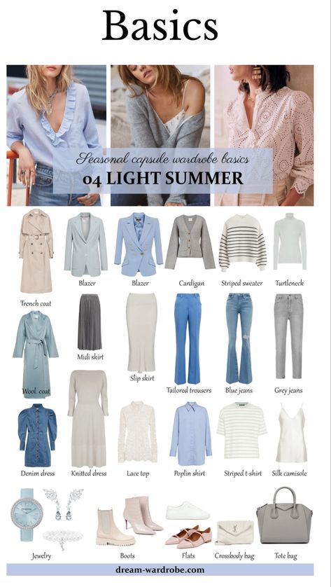 True Summer Outfits Casual, Capsule Wardrobe Light Summer, Light Summer Outfits Capsule Wardrobe, Light Summer Outfit Ideas, Soft Summer Palette Outfits, Light Summer Capsule Wardrobe, Light Summer Color Palette Outfits, Base Outfits, Capsule Outfit Ideas