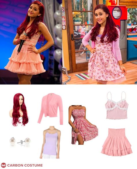 Cat Valentine is a character on the Nickelodeon series, Victorious. She also appears in the spin-off, Sam and Cat. She is portrayed by pop singer Ariana Grande. Cat attends Hollywood Arts to pursue a career in singing and acting. She is the ditzy one of the friend group. While sweet and naive, she can sometimes get irrationally upset. She owns many stuffed animals and she is obsessed with bibble, a colorful popcorn snack. In a stark contrast to Jade, her fashion is very cute and feminine with lo Cat Outfits Victorious, Cat From Victorious Outfits, Cat Valentine Costume, Cat Valentine Halloween Costume, Sam And Cat Outfits, Cat From Sam And Cat, Victorious Costume, Cat Valentine Outfits Victorious, Cat Victorious